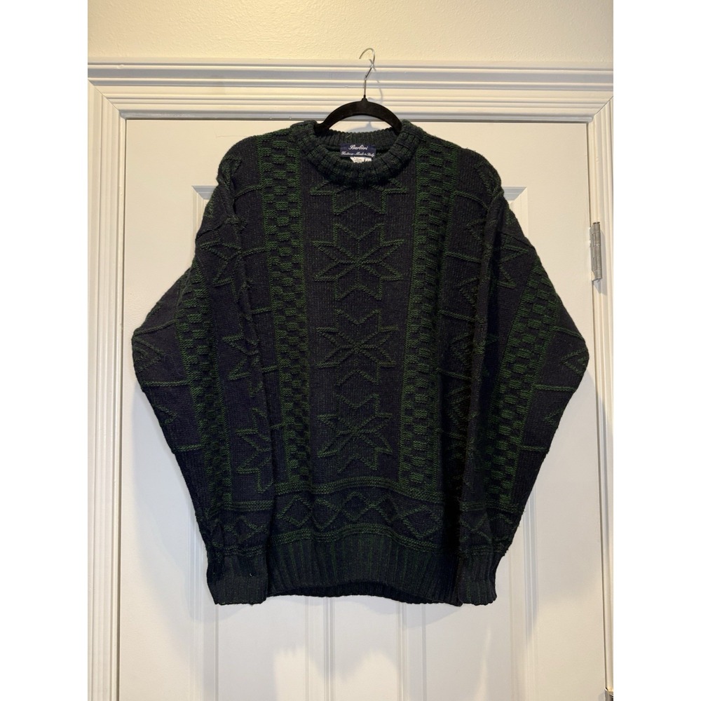 VTG Barbieri Knitwear Italy Fair‎ Isle Knit Sweater Men L Green Blue Wool Blend